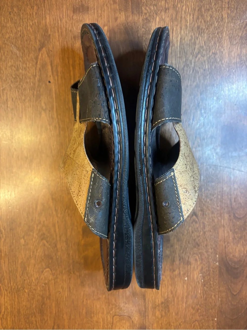Two-Tone Cork & Dark Brown Leather Slide Sandals